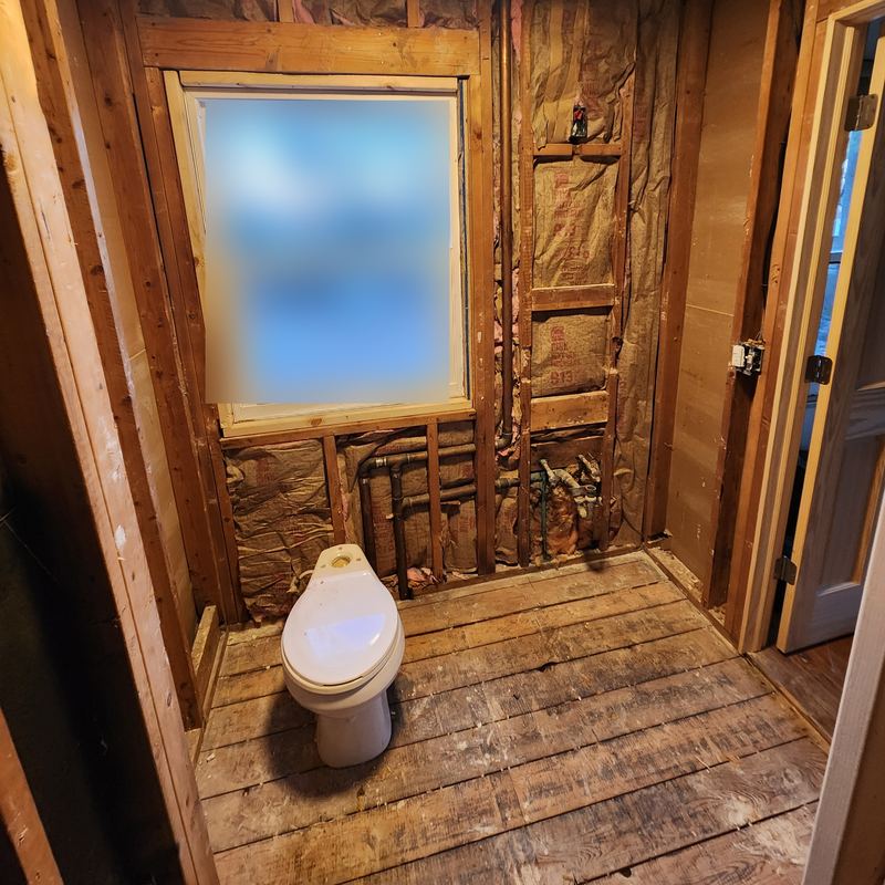 Bathroom gutted to the studs: bare framing, insulation, old toilet, plank subfloor